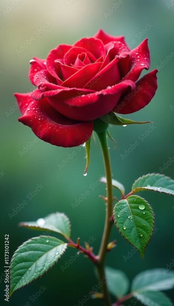Fototapeta premium Water droplets cling to the thorny stem of a red rose bush, water, droplets
