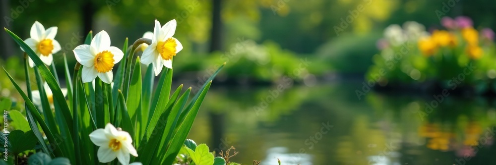 White daffodil blooms and foliage in a garden pond, gardens, landscape, peaceful White daffodil blooms and foliage in a garden pond, gardens, landscape, peaceful