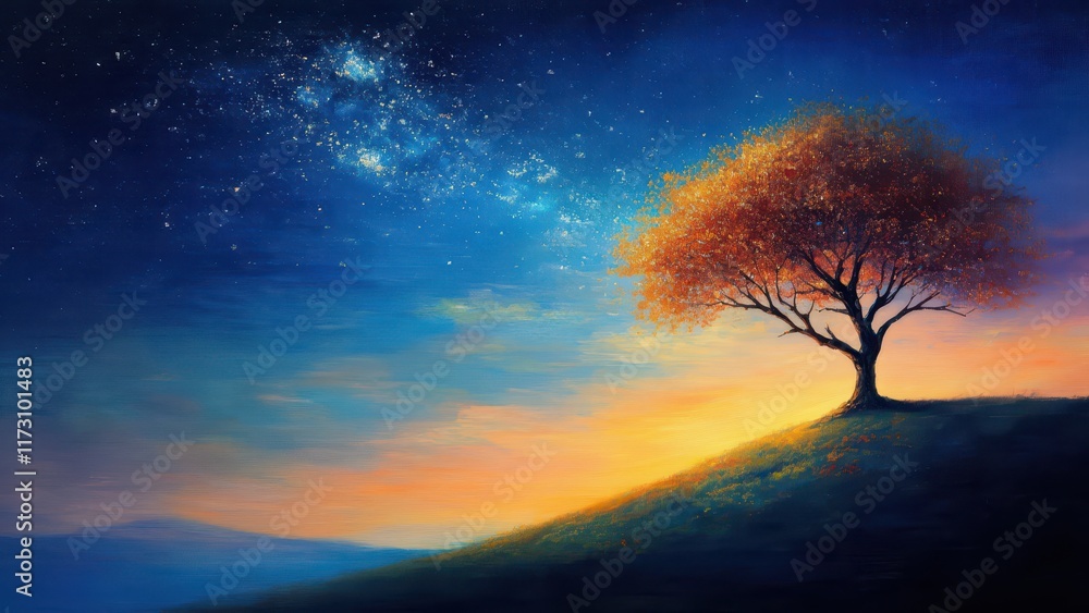 Fototapeta premium illustration of a beautiful autumn tree on a hill in a night sky scenery