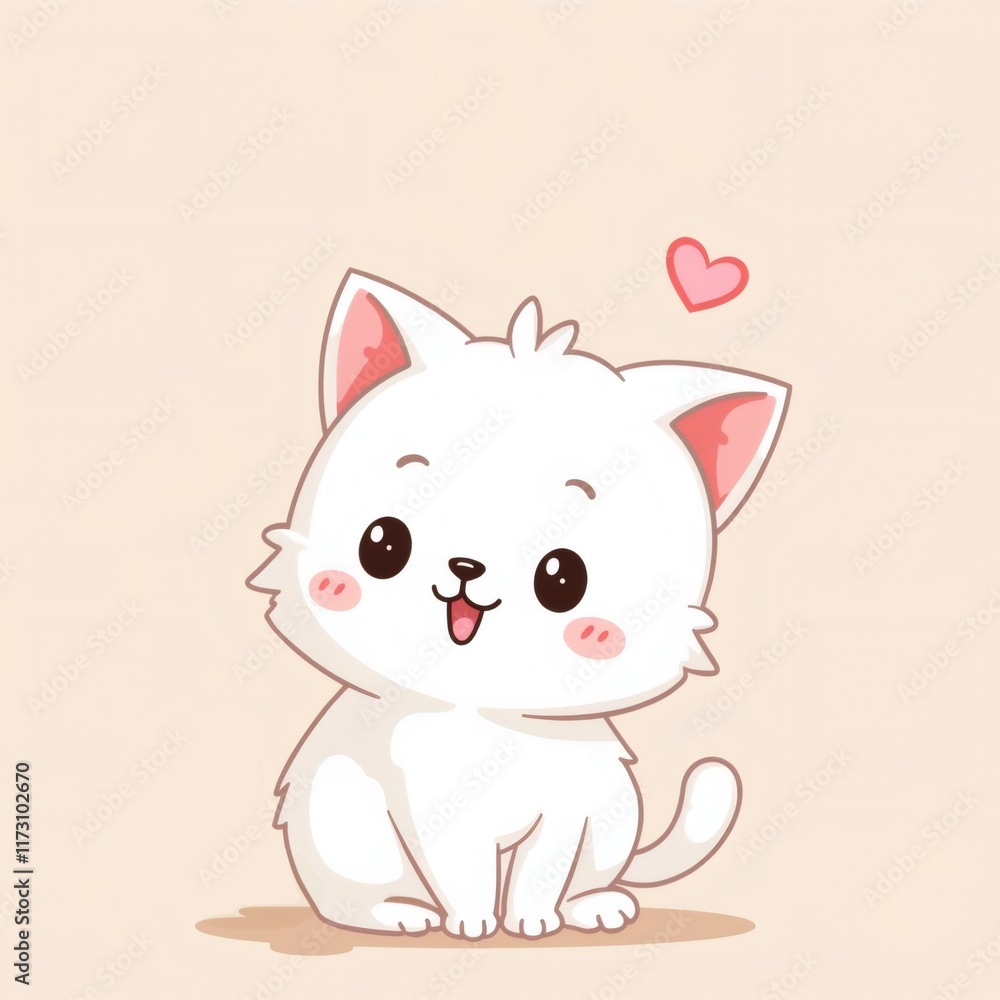 Adorable gatito blanco con mejillas rosadas y expresión feliz, transmitiendo ternura y alegría
