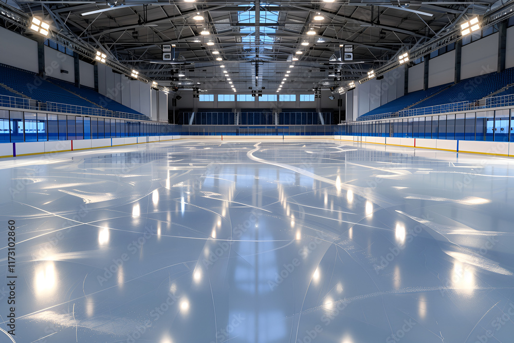 Obraz premium Empty ice rink with bright lights and clean surface, indoor sports arena, modern design