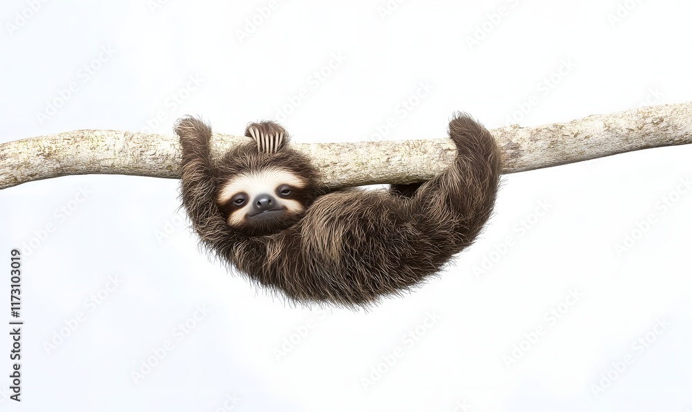 Obraz premium Cute sloth hanging on a branch against a white background.