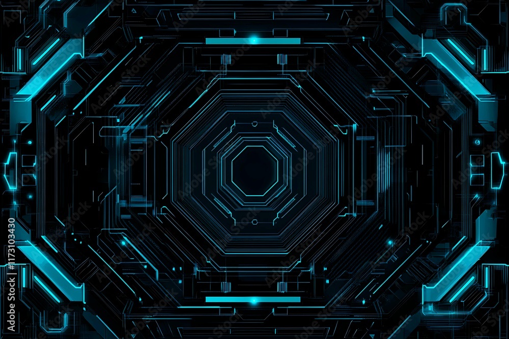 Abstract close-up of a glowing blue digital circuit board, showcasing intricate connections and technological design on a black background.
