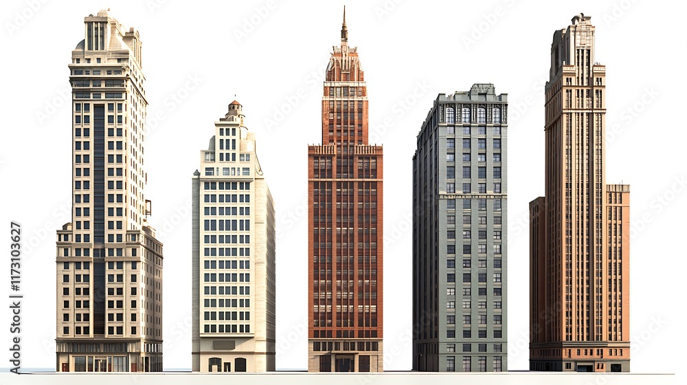 A row of five distinct skyscrapers showcasing architectural diversity and design. A row of five distinct skyscrapers showcasing architectural diversity and design.