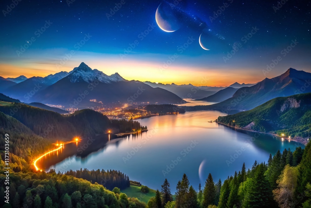 Obraz premium Aerial View of Serene Night Landscape with Smiling Crescent Moon