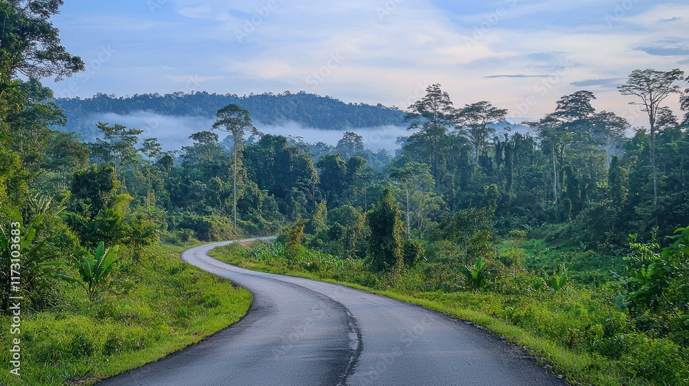 Fototapeta premium Serene Winding Road Through Lush Tropical Rainforest