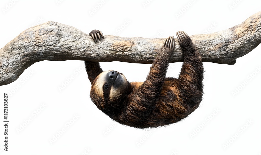 Three-toed sloth hanging upside down on a branch, isolated on white background. Three-toed sloth hanging upside down on a branch, isolated on white background.