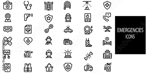 Emergencies simple concept 36 icons set. Contains such ambulance, lifebuoy, first aid, police, medical, emergency exit, hospital .Vector illustration.