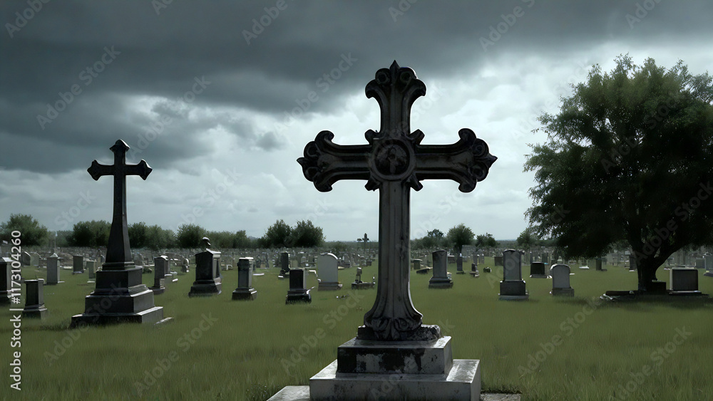 Old cemetery with weathered stone crosses. Old cemetery with weathered stone crosses.