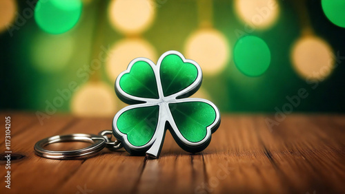 Lucky clover keychain on rustic wooden surface.