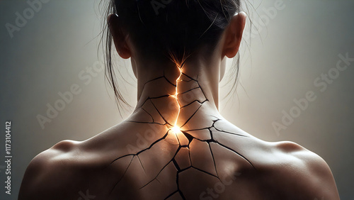 Closeup of a woman’s neck illustrating pain, glowing.
