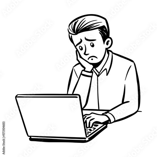 Sad employee staring at screen, hand drawn illustration 