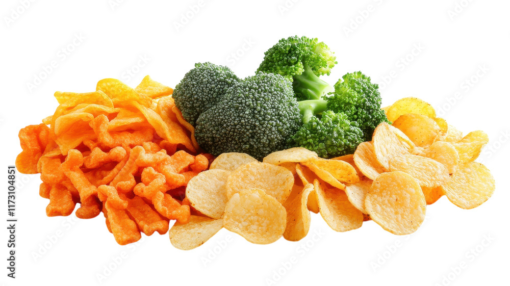 A colorful assortment of crunchy snacks with broccoli, potato chips, and cheese crackers arranged creatively on a neutral background.