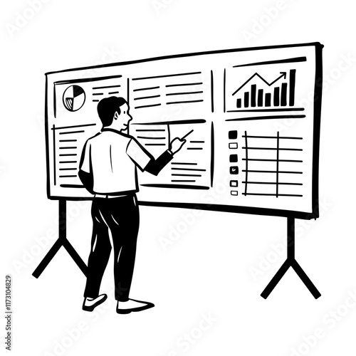 Analyst working on business dashboard, doodle illustration 