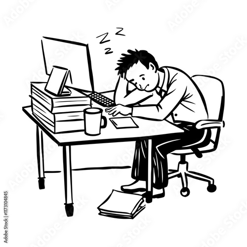 Tired employee sleeping at desk, hand drawn illustration 
