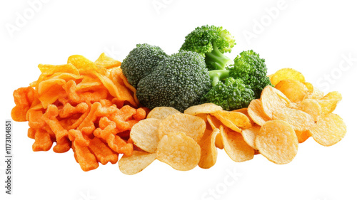 A colorful assortment of crunchy snacks with broccoli, potato chips, and cheese crackers arranged creatively on a neutral background.