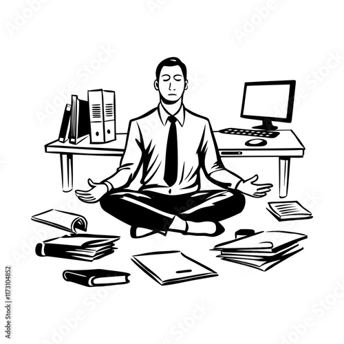 Employee doing work meditation, hand drawn illustration 

