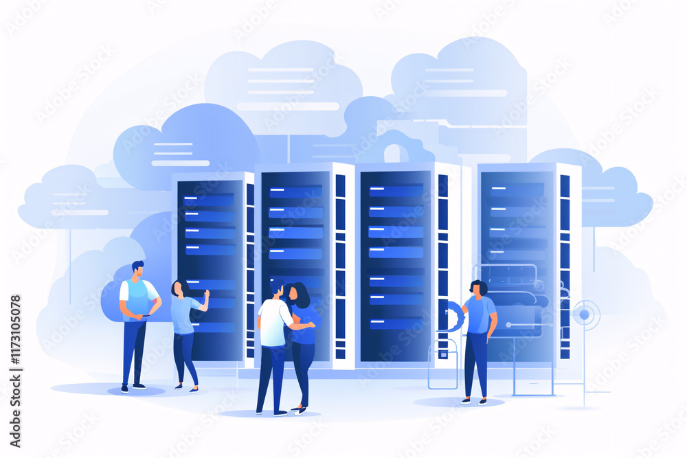 Modern Data Center Illustration with Diverse People Interacting Around Cloud Technology and Server Racks Modern Data Center Illustration with Diverse People Interacting Around Cloud Technology and Server Racks