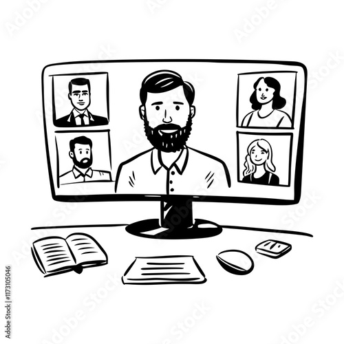 Teleconference illustration in hand drawn style 

