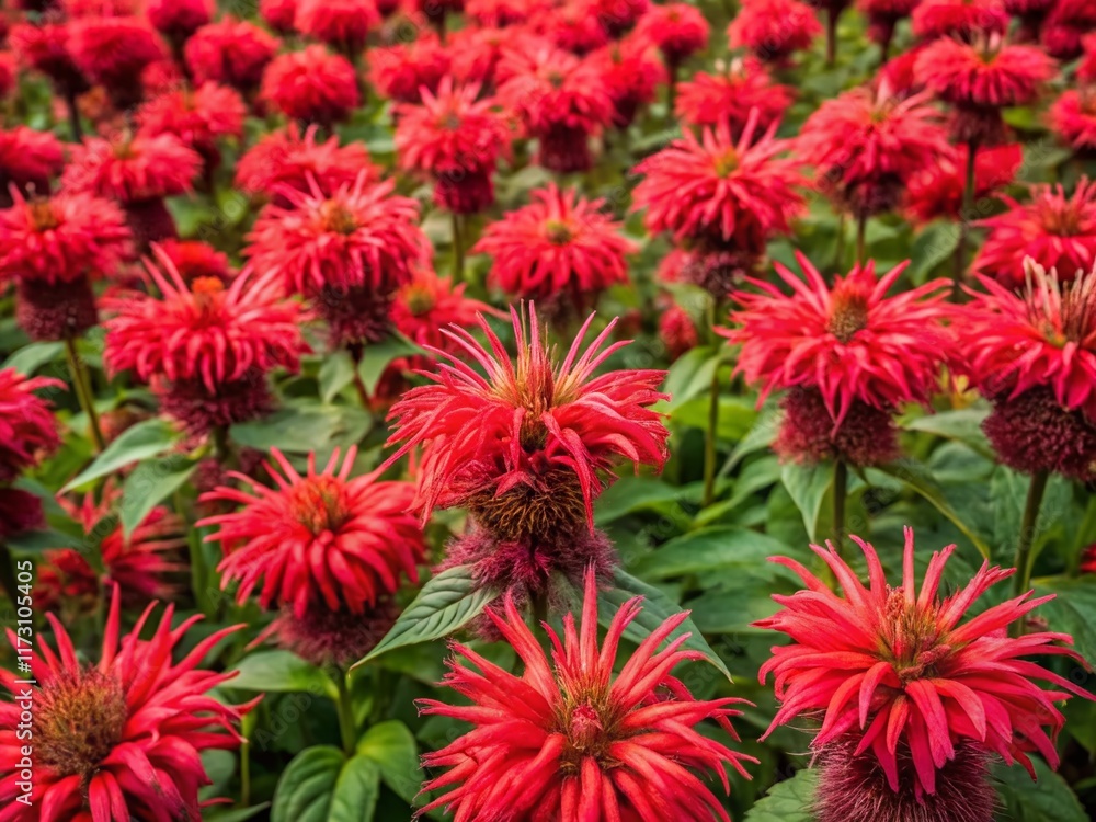 Aerial View of Vibrant Scarlet Monarda Blooms, Delicate Floral Details Aerial View of Vibrant Scarlet Monarda Blooms, Delicate Floral Details
