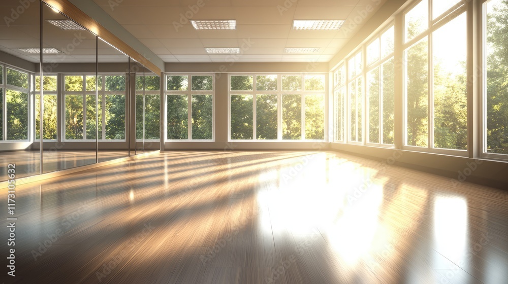 Fototapeta premium Interior of an empty dance, yoga, fitness studio hall with big mirrors, windows and wooden floor