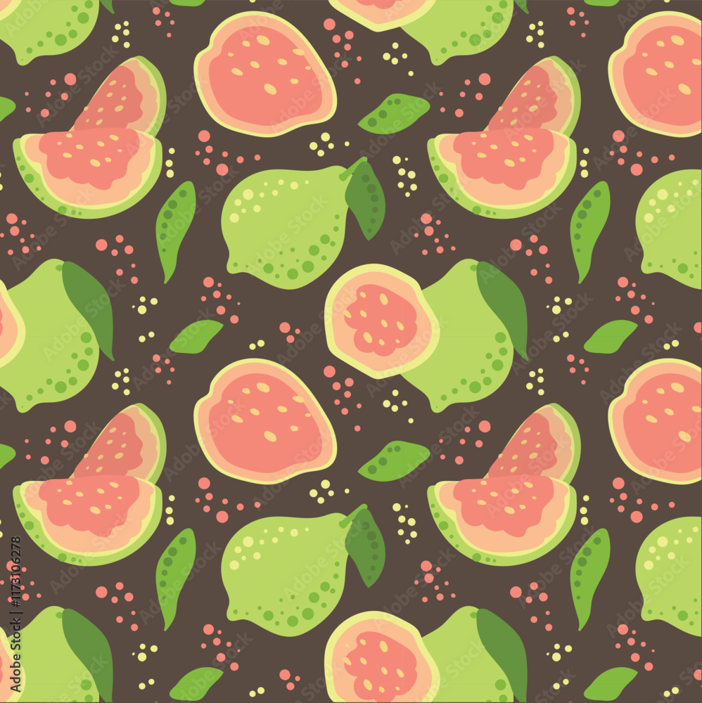 Guava pattern in flat style. Tropical, delicious fruit seamless pattern. Vector background. Summer freshness for health. For background, fabric, juice, ice cream or packaging. Guava pattern in flat style. Tropical, delicious fruit seamless pattern. Vector background. Summer freshness for health. For background, fabric, juice, ice cream or packaging.