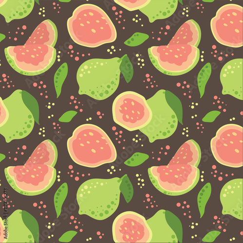 Guava pattern in flat style. Tropical, delicious fruit seamless pattern. Vector background. Summer freshness for health. For background, fabric, juice, ice cream or packaging.