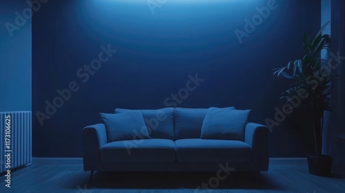 Interior of cozy modern living room with sofa against blank, dark blue wall.
