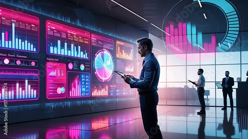 Business Professionals Analyzing Data on Futuristic Digital Screens with Charts and Graphs in a High-Tech Workspace

 photo