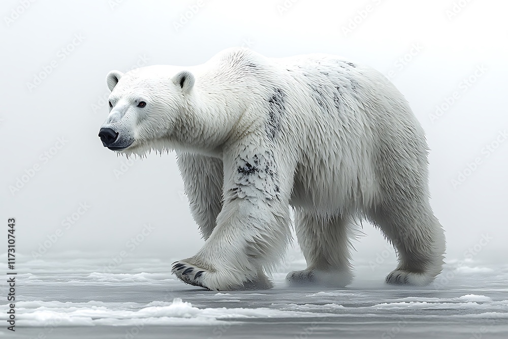 A polar bear walking on icy terrain in a misty environment. A polar bear walking on icy terrain in a misty environment.