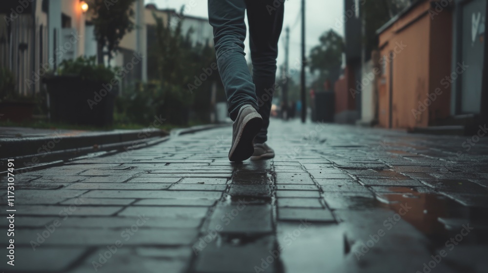 Person walking on a wet cobblestone street in the rain. Person walking on a wet cobblestone street in the rain.