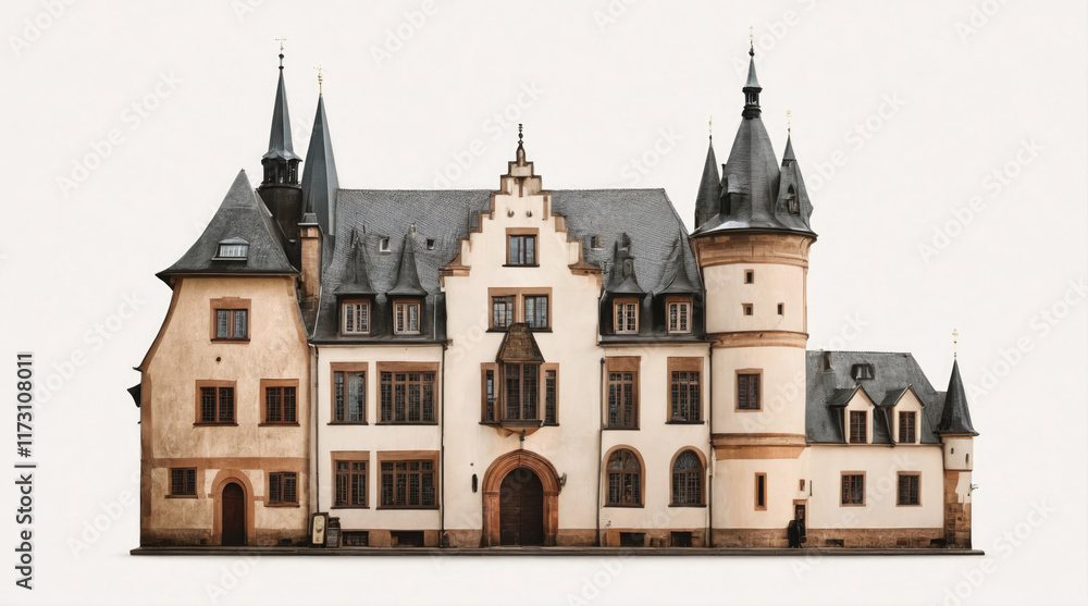 Historic castle with turrets and intricate architecture located in a picturesque setting during late afternoon light Historic castle with turrets and intricate architecture located in a picturesque setting during late afternoon light