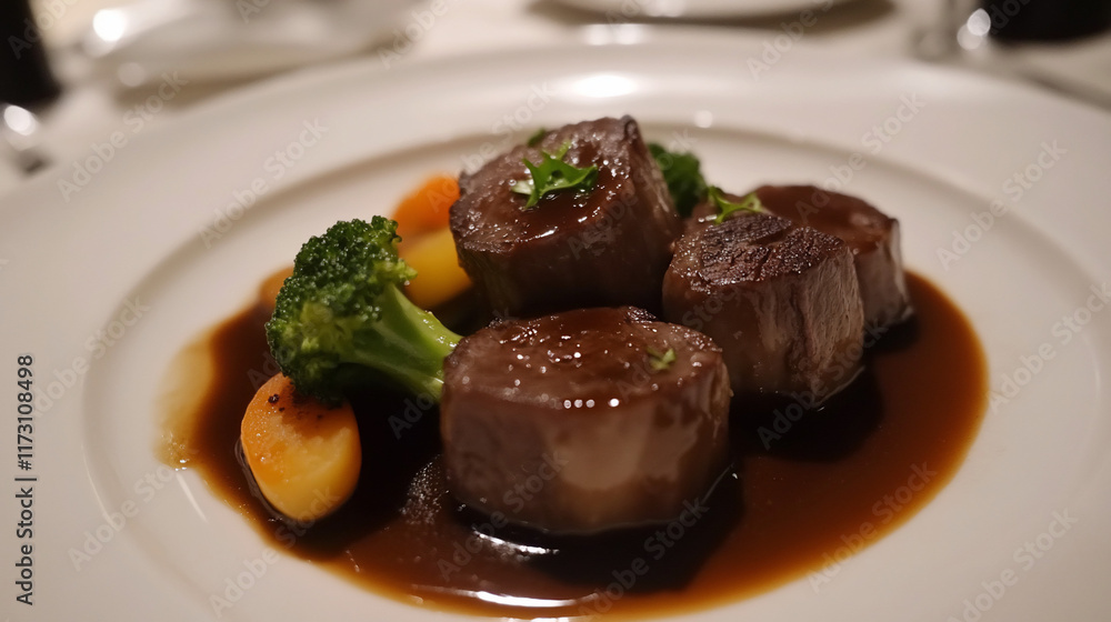 Delicious beef medallions with rich gravy, served with roasted vegetables. Delicious beef medallions with rich gravy, served with roasted vegetables.