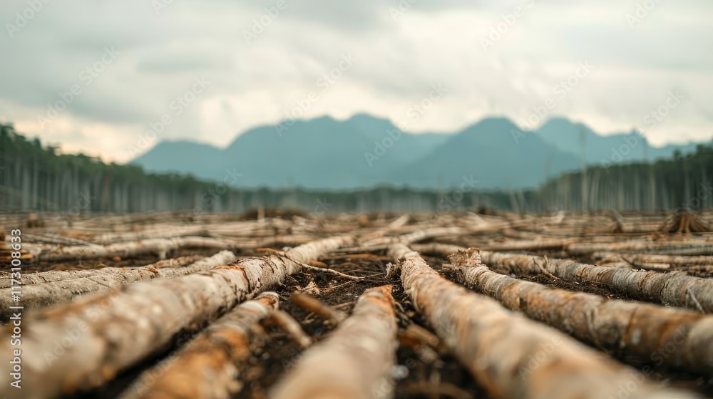 Fototapeta premium A forest facing deforestation due to climate change featuring cut-down trees and disrupted wildlife habitats Focus on the loss of biodiversity and its impact