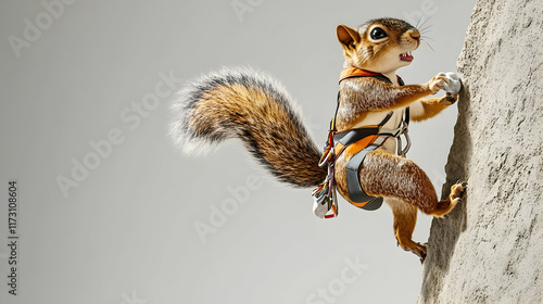 Agile squirrel in a rock climbing harness scaling a wall, symbolizing resilience and adventure, perfect for outdoor sports campaigns or motivational posters photo