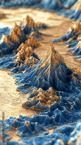 Fototapeta Naklejka Na Ścianę i Meble -  3d golden blue mountain scenery illustration poster background