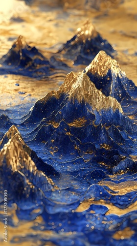 Fototapeta Naklejka Na Ścianę i Meble -  3d golden blue mountain scenery illustration poster background