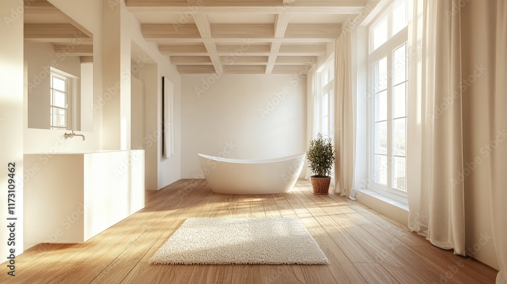 Fototapeta premium Interior shot of a spacious, white walled bathroom with a wooden floor and a white bathtub. On the floor, a rug. a wall model.