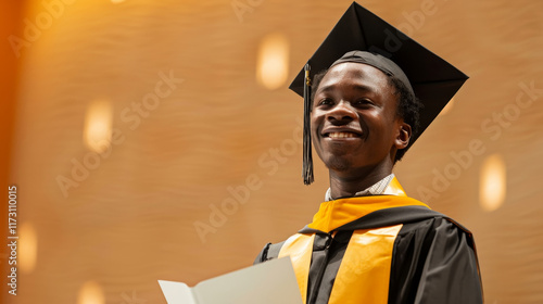 Young graduate celebrating accomplishment during graduation ceremony holding diploma in hand with joyful expression on stage