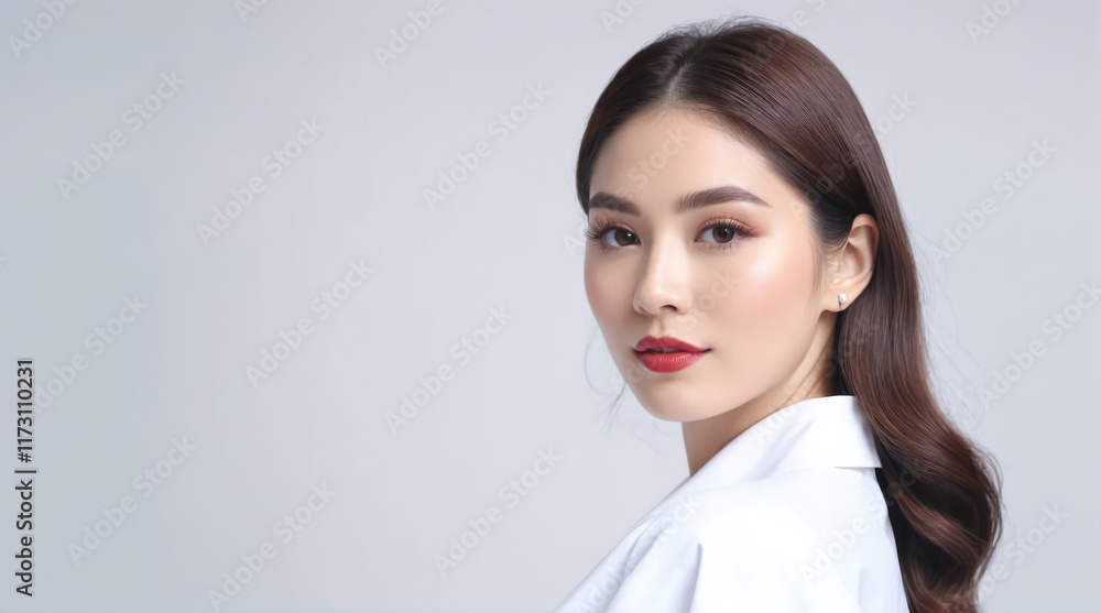 Young woman poses confidently in stylish outfit with soft lighting and neutral background Young woman poses confidently in stylish outfit with soft lighting and neutral background