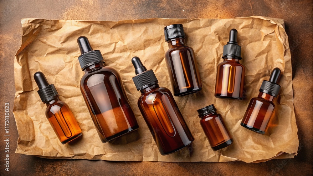 Amber Glass Bottles, Organic Spa Products, Kraft Paper Packaging, Flat Lay, Beauty Product Photography Amber Glass Bottles, Organic Spa Products, Kraft Paper Packaging, Flat Lay, Beauty Product Photography