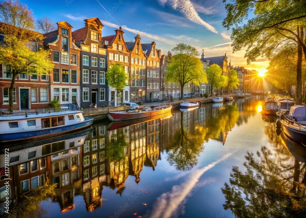 Fototapeta premium Amsterdam Canal Houses, Boats, and Reflections - Charming Old Town Scene