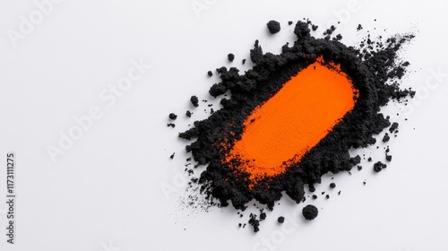 Orange Pigment Burst:  A bold, vibrant splash of orange pigment emerges from a bed of black powder, creating a dynamic and visually striking abstract composition.