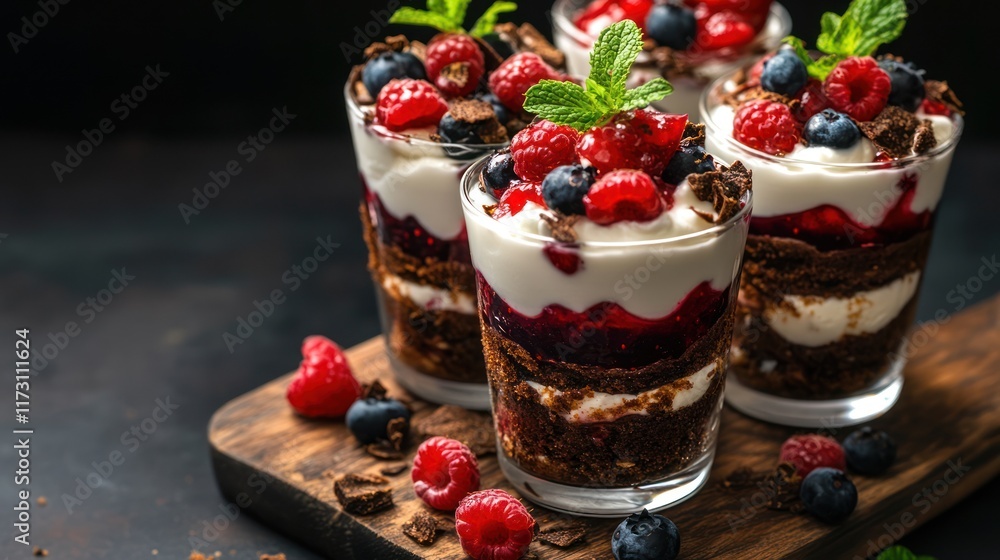 Delicious layered dessert with raspberry, blueberries, chocolate and creamy yogurt in glass Delicious layered dessert with raspberry, blueberries, chocolate and creamy yogurt in glass