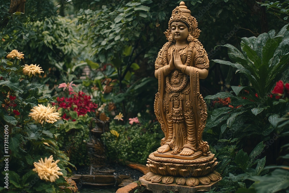 A golden statue of a goddess stands in a lush garden with vibrant flowers and a small fountain. A golden statue of a goddess stands in a lush garden with vibrant flowers and a small fountain.