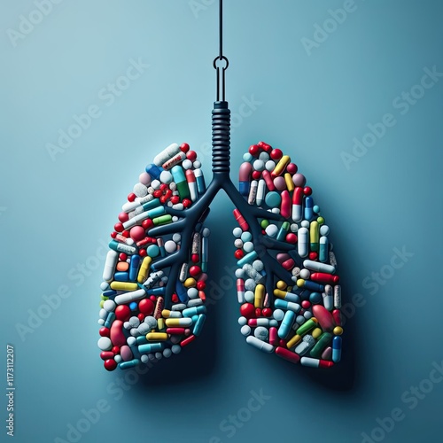 Illustration of an Hanging lung silhouette filled with medicine capsules .