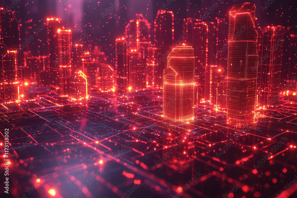 Obraz premium Red glowing digital city skyline at night with circuit network data flow