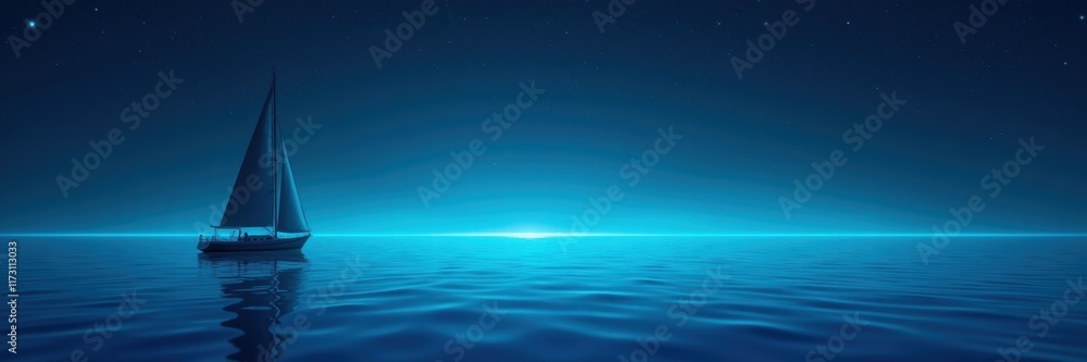 Obraz premium A serene and tranquil scene featuring a sailboat gliding across calm waters under a starry night sky, ideal for themes of adventure, exploration, and relaxation.