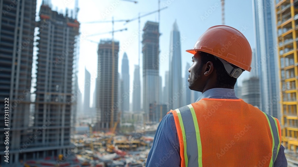 A construction worker surveys a building site. A construction worker surveys a building site.