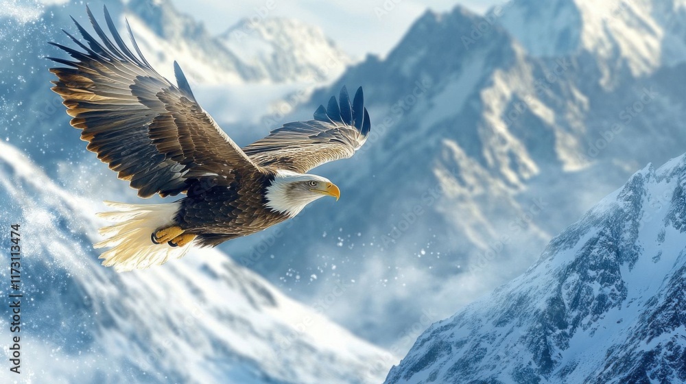 Fototapeta premium Eagle flying over snowy mountains.